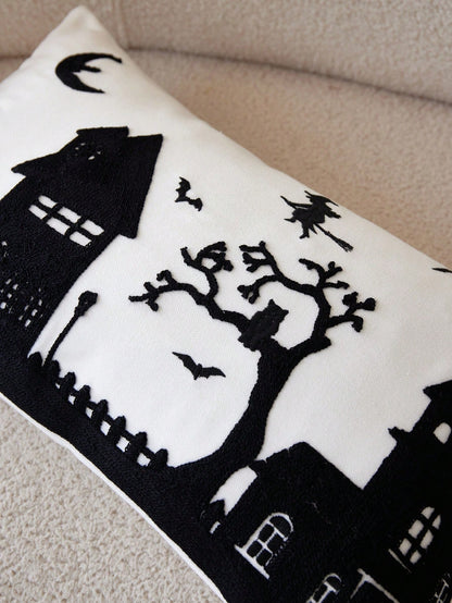 1pc Halloween Haunted House Embroidered Pillow Case, Suitable For Indoor Decoration, Halloween Decor, All Season Pillow Case, Without Insert