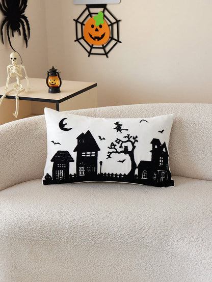 1pc Halloween Haunted House Embroidered Pillow Case, Suitable For Indoor Decoration, Halloween Decor, All Season Pillow Case, Without Insert