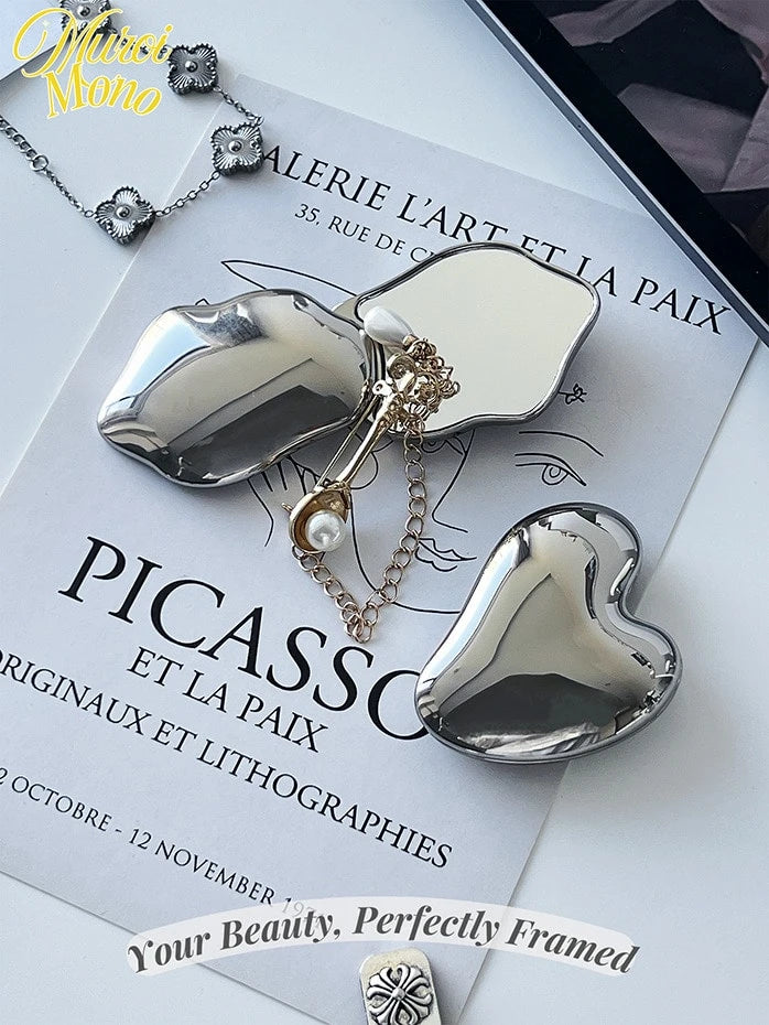 1pc Handheld Heart-Shaped Makeup Mirror, Miniature Simplistic Unbreakable Portable Double Sided Compact Folding Mirror For Touchups