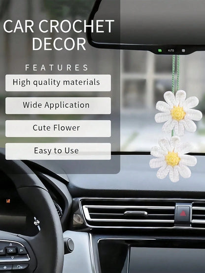1PC Handmade Woven Daisy Pendant Lightweight Elegant Rearview Mirror Hanging Ornament Decorative Decor For Car Interior Daily Holiday Party Vehicle Aesthetic Gift Accessory