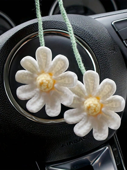 1PC Handmade Woven Daisy Pendant Lightweight Elegant Rearview Mirror Hanging Ornament Decorative Decor For Car Interior Daily Holiday Party Vehicle Aesthetic Gift Accessory