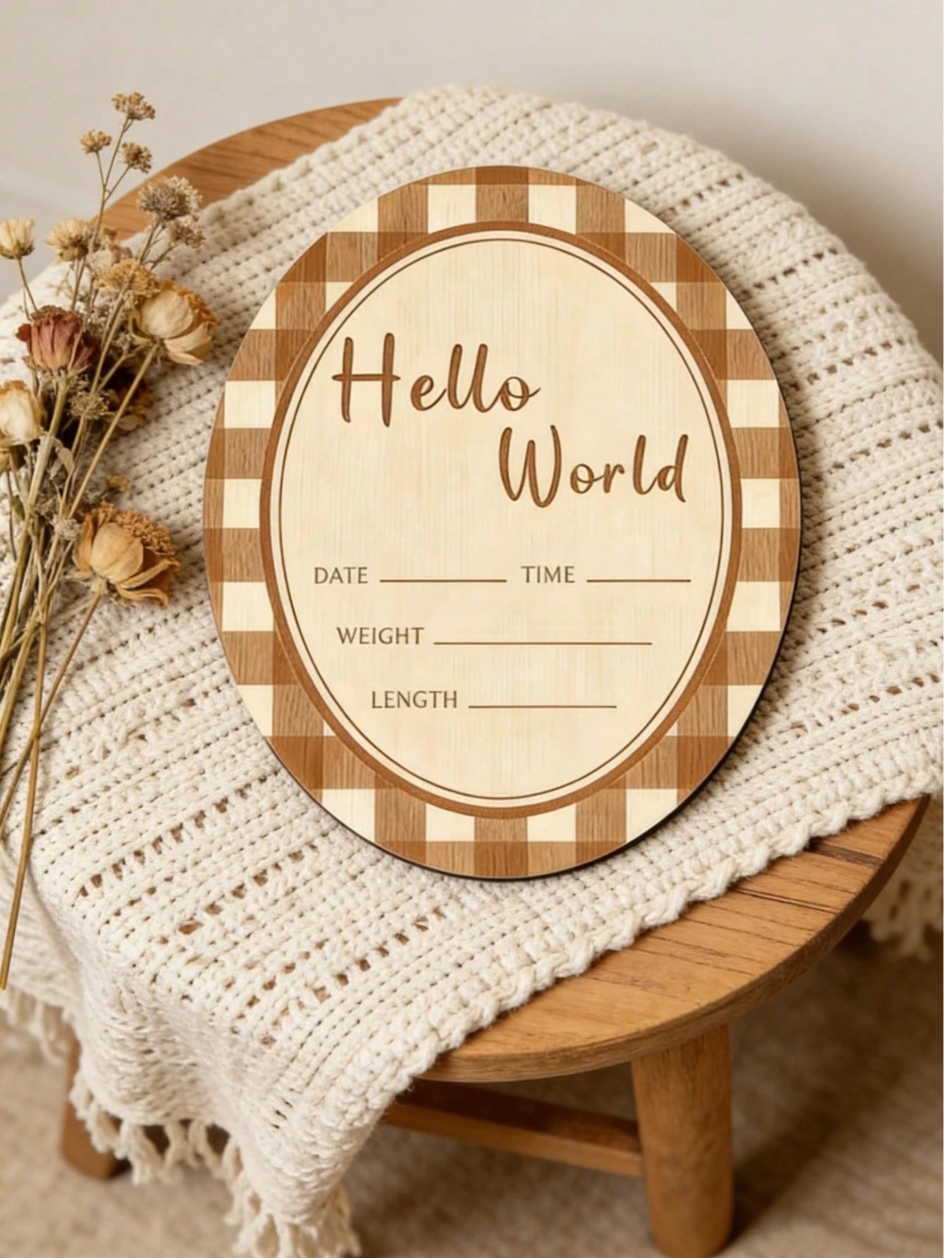 1pc Hello Wooden Oval Decorative Plaque & Ornament, Newborn Welcome Sign, Pregnancy Announcement Photo Prop For Baby