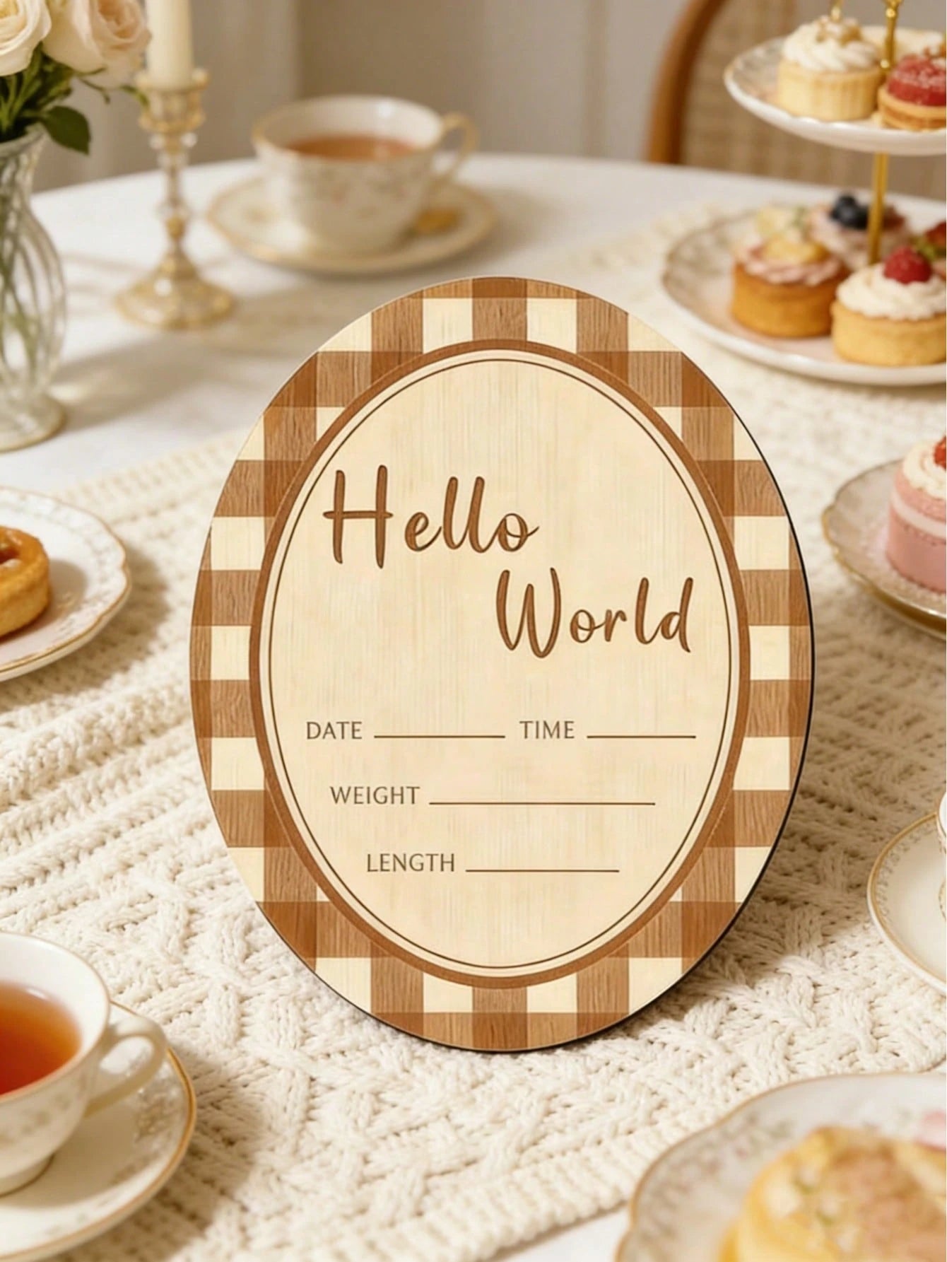 1pc Hello Wooden Oval Decorative Plaque & Ornament, Newborn Welcome Sign, Pregnancy Announcement Photo Prop For Baby