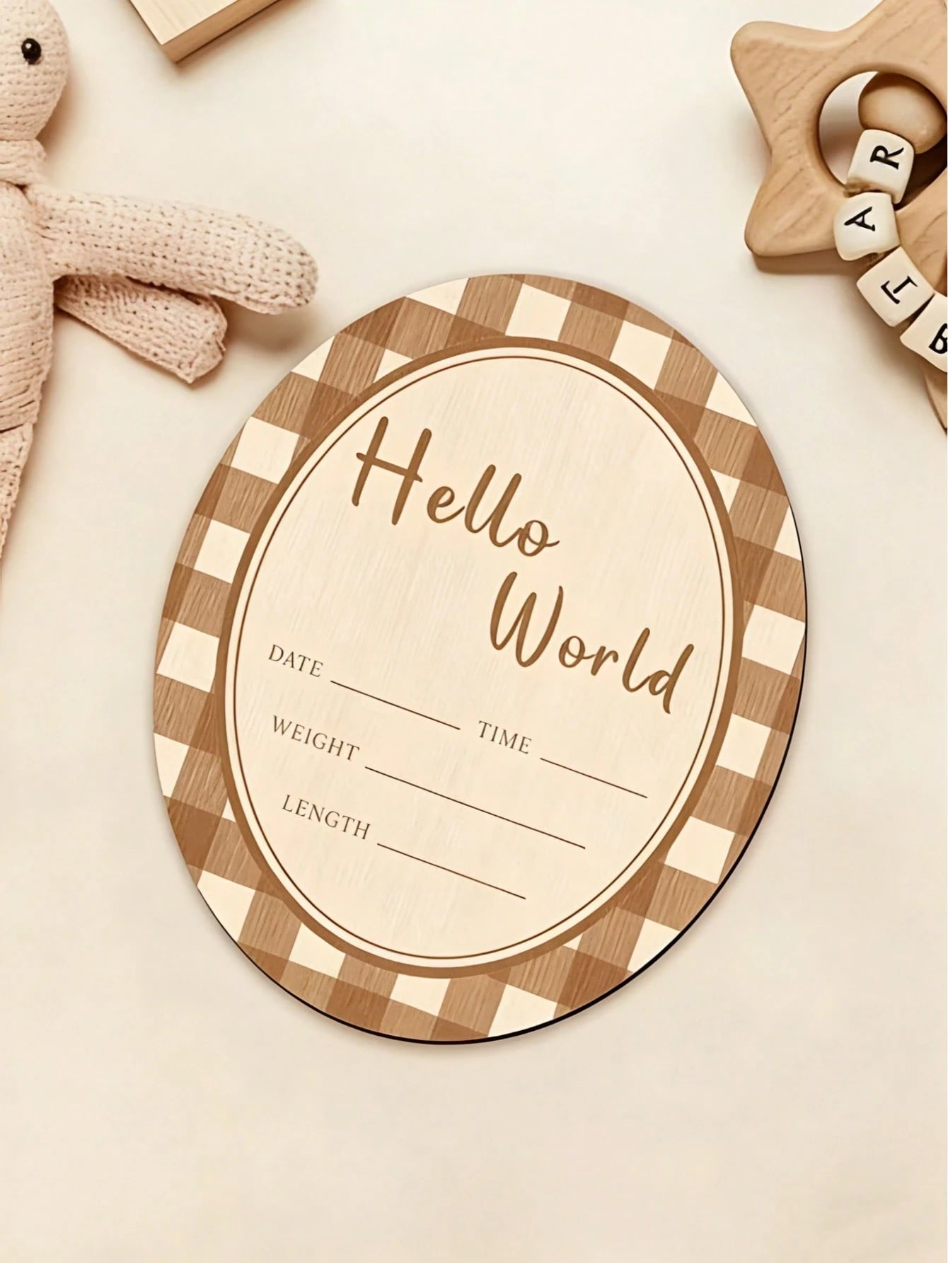 1pc Hello Wooden Oval Decorative Plaque & Ornament, Newborn Welcome Sign, Pregnancy Announcement Photo Prop For Baby