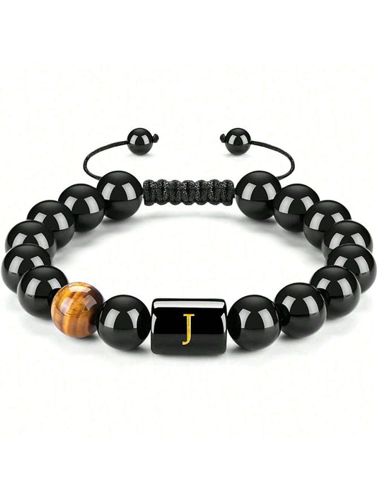 1pc Initial Men's Beaded Woven Bracelet Natural Black Agate Tiger Eye Stone Bead Woven Rope With Meaningful Bracelet