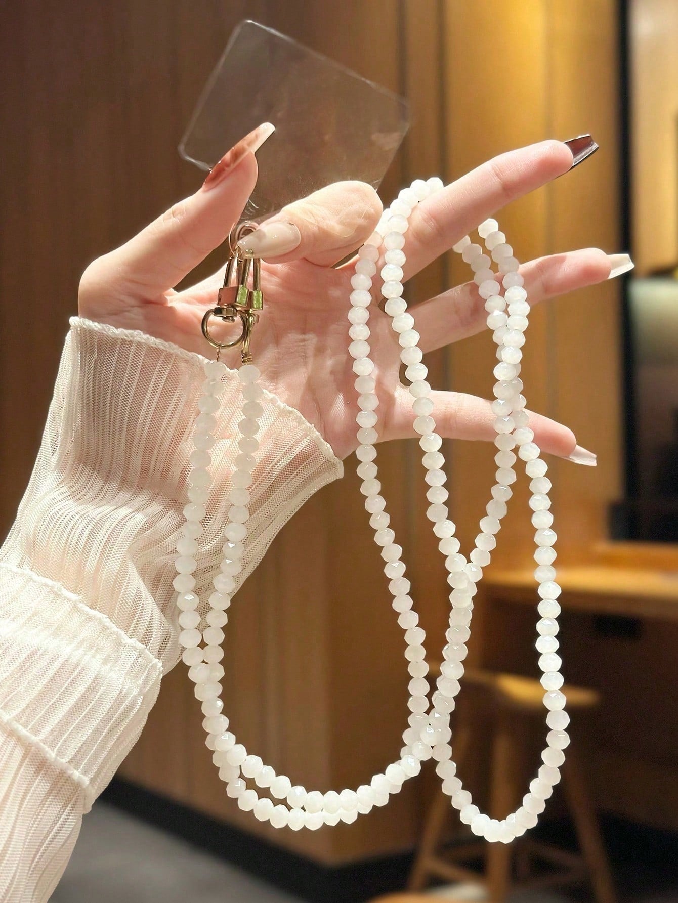 1pc Jade White & Black Orchid Shiny Glass Bead Chain, Suitable For Phone Charm, Bracelet, Crossbody Strap, Compatible With Bags.