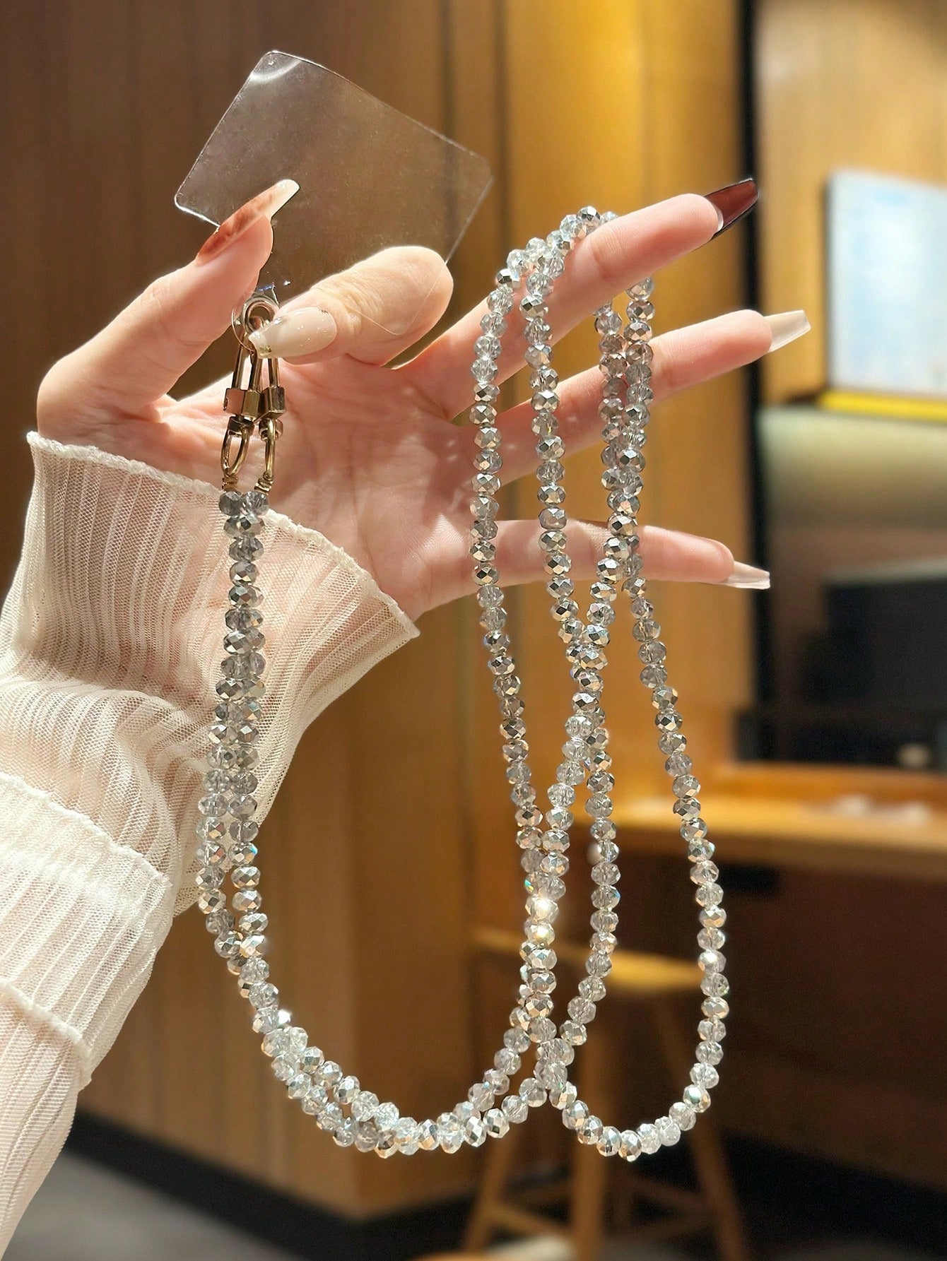 1pc Jade White & Black Orchid Shiny Glass Bead Chain, Suitable For Phone Charm, Bracelet, Crossbody Strap, Compatible With Bags.