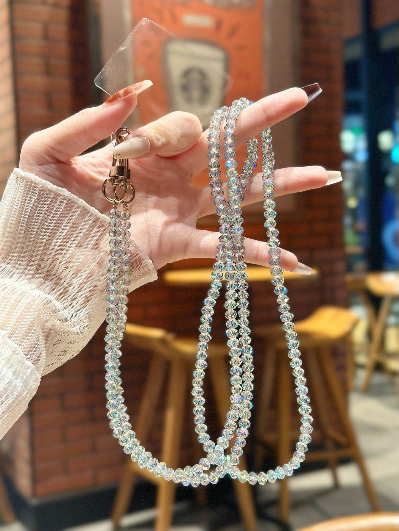 1pc Jade White & Black Orchid Shiny Glass Bead Chain, Suitable For Phone Charm, Bracelet, Crossbody Strap, Compatible With Bags.