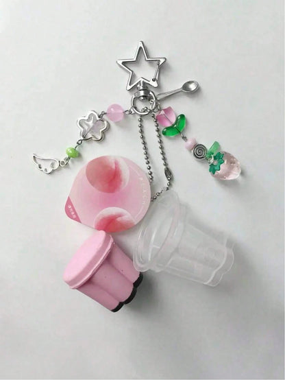 1pc Japan Prinki Keychain, Pink & Yellow Macaron Charm, Y2K Heisei Era Retro Beaded Accessory Kawaii Vacation Essentials Bag Accessories Bag Charm Accessories Charms For Bag Teacher Gifts Accessories