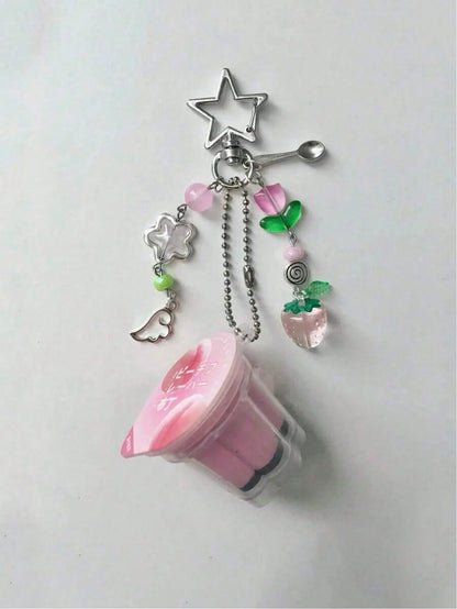 1pc Japan Prinki Keychain, Pink & Yellow Macaron Charm, Y2K Heisei Era Retro Beaded Accessory Kawaii Vacation Essentials Bag Accessories Bag Charm Accessories Charms For Bag Teacher Gifts Accessories