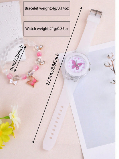 1pc Kids Butterfly Print Dial Quartz Watch & 1pc Bracelet