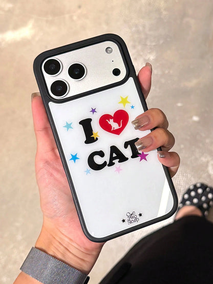 1pc Korean Ins I Love Cat Niche Design Cute Star Phone Case Compatible With IPhone 17 Pro Max/16 Pro/15/14/13/12/11 Black Edge Full Coverage Shockproof Protective Cover