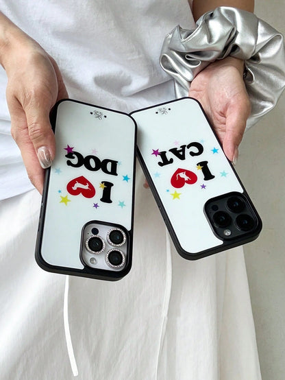 1pc Korean Ins I Love Cat Niche Design Cute Star Phone Case Compatible With IPhone 17 Pro Max/16 Pro/15/14/13/12/11 Black Edge Full Coverage Shockproof Protective Cover