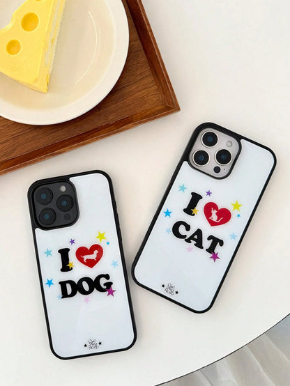 1pc Korean Ins I Love Cat Niche Design Cute Star Phone Case Compatible With IPhone 17 Pro Max/16 Pro/15/14/13/12/11 Black Edge Full Coverage Shockproof Protective Cover