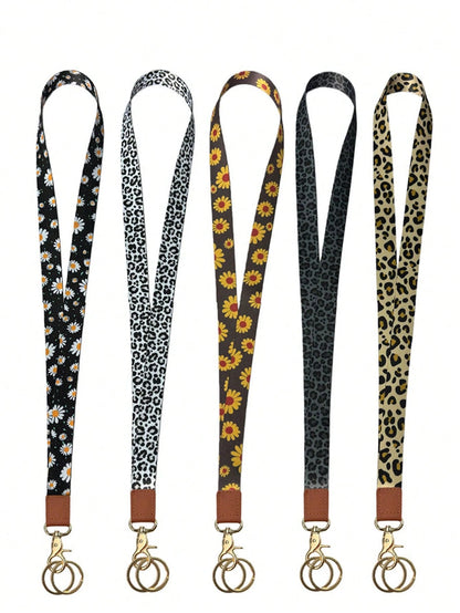 1PC Leopard & Daisy Print Lanyard, Leather Neck Strap, ID Badge Holder, Keychain Lanyard For Keys, Phone, Card