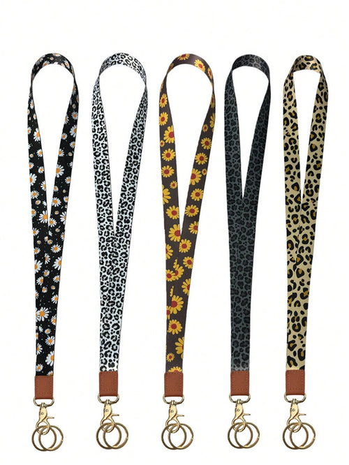 1PC Leopard & Daisy Print Lanyard, Leather Neck Strap, ID Badge Holder, Keychain Lanyard For Keys, Phone, Card