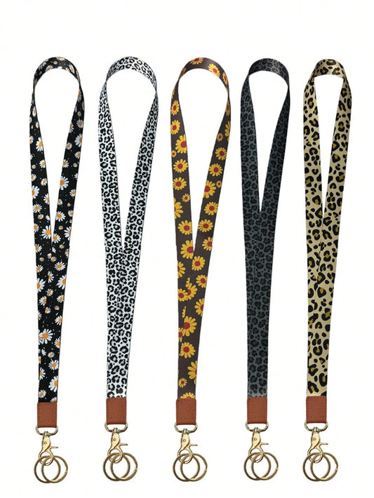 1PC Leopard & Daisy Print Lanyard, Leather Neck Strap, ID Badge Holder, Keychain Lanyard For Keys, Phone, Card