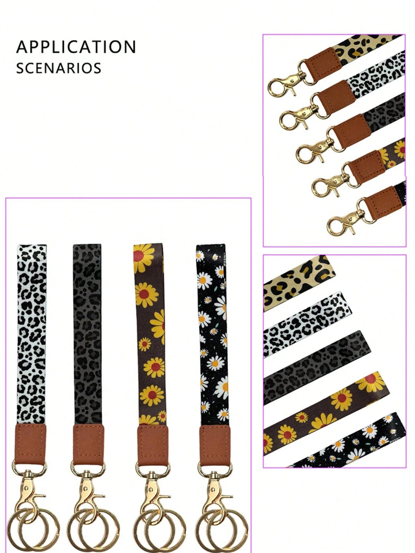 1PC Leopard & Daisy Print Lanyard, Leather Neck Strap, ID Badge Holder, Keychain Lanyard For Keys, Phone, Card
