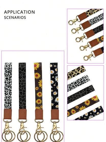 1PC Leopard & Daisy Print Lanyard, Leather Neck Strap, ID Badge Holder, Keychain Lanyard For Keys, Phone, Card