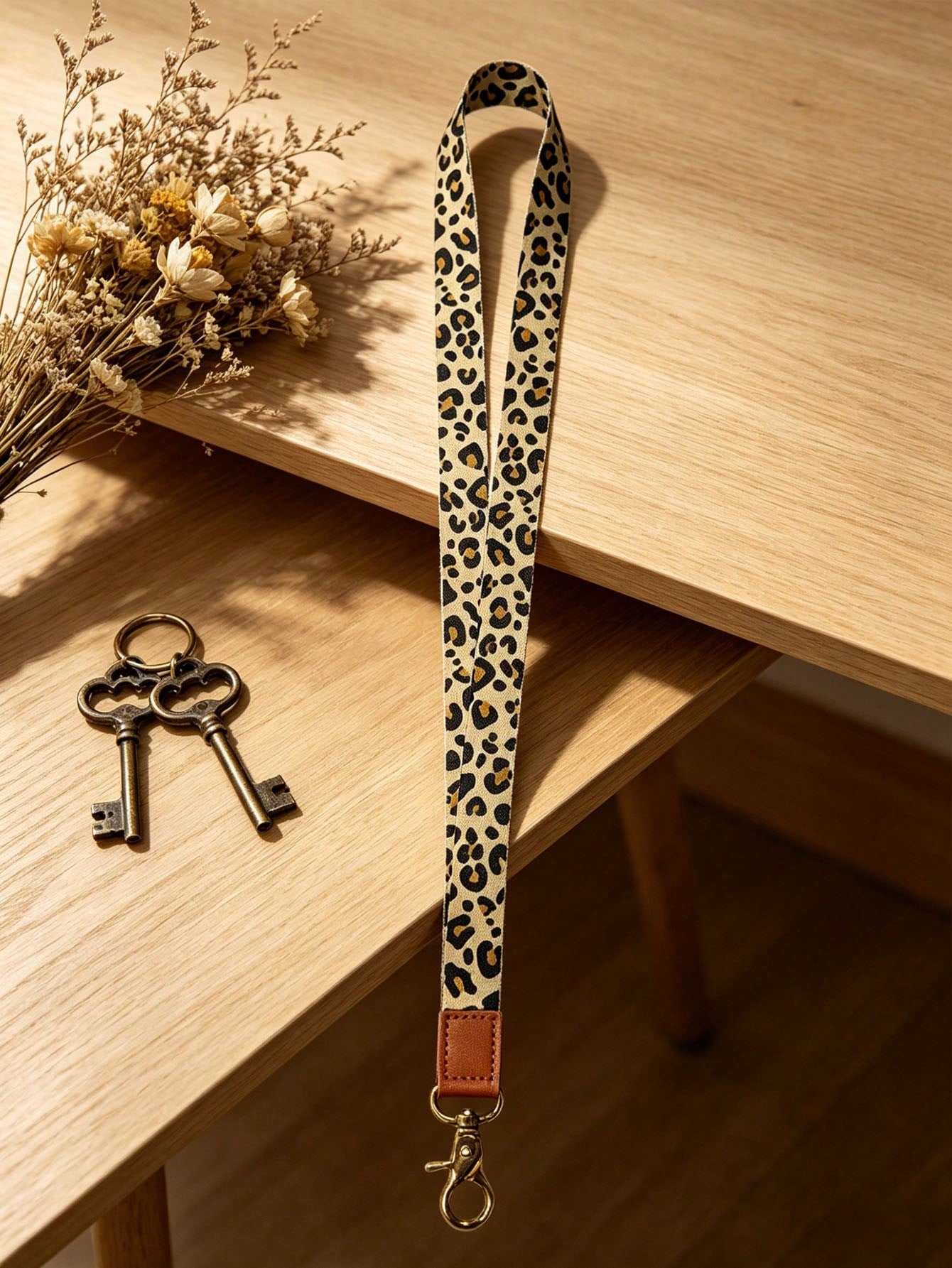 1PC Leopard & Daisy Print Lanyard, Leather Neck Strap, ID Badge Holder, Keychain Lanyard For Keys, Phone, Card