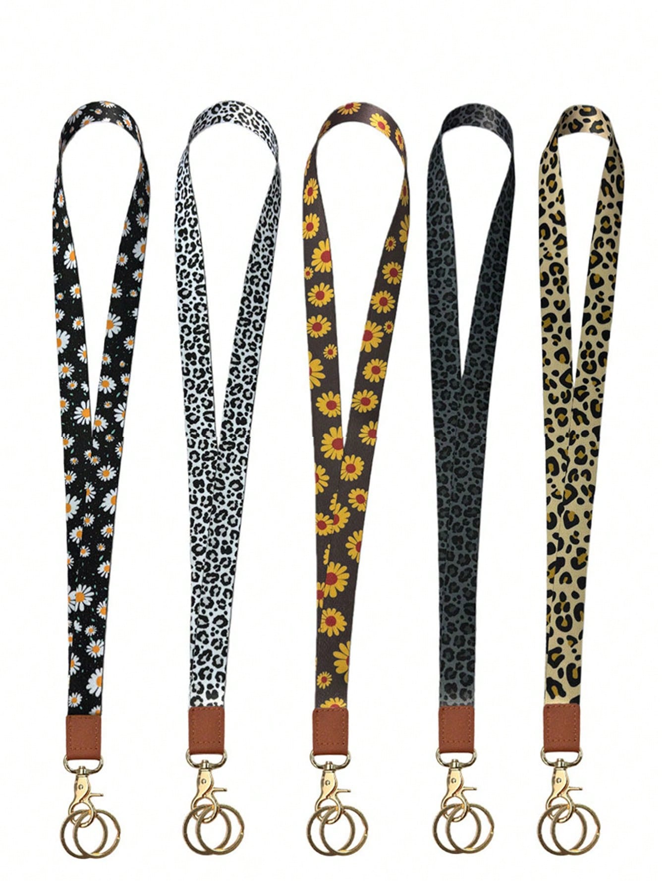 1PC Leopard & Daisy Print Lanyard, Leather Neck Strap, ID Badge Holder, Keychain Lanyard For Keys, Phone, Card