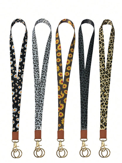 1PC Leopard & Daisy Print Lanyard, Leather Neck Strap, ID Badge Holder, Keychain Lanyard For Keys, Phone, Card