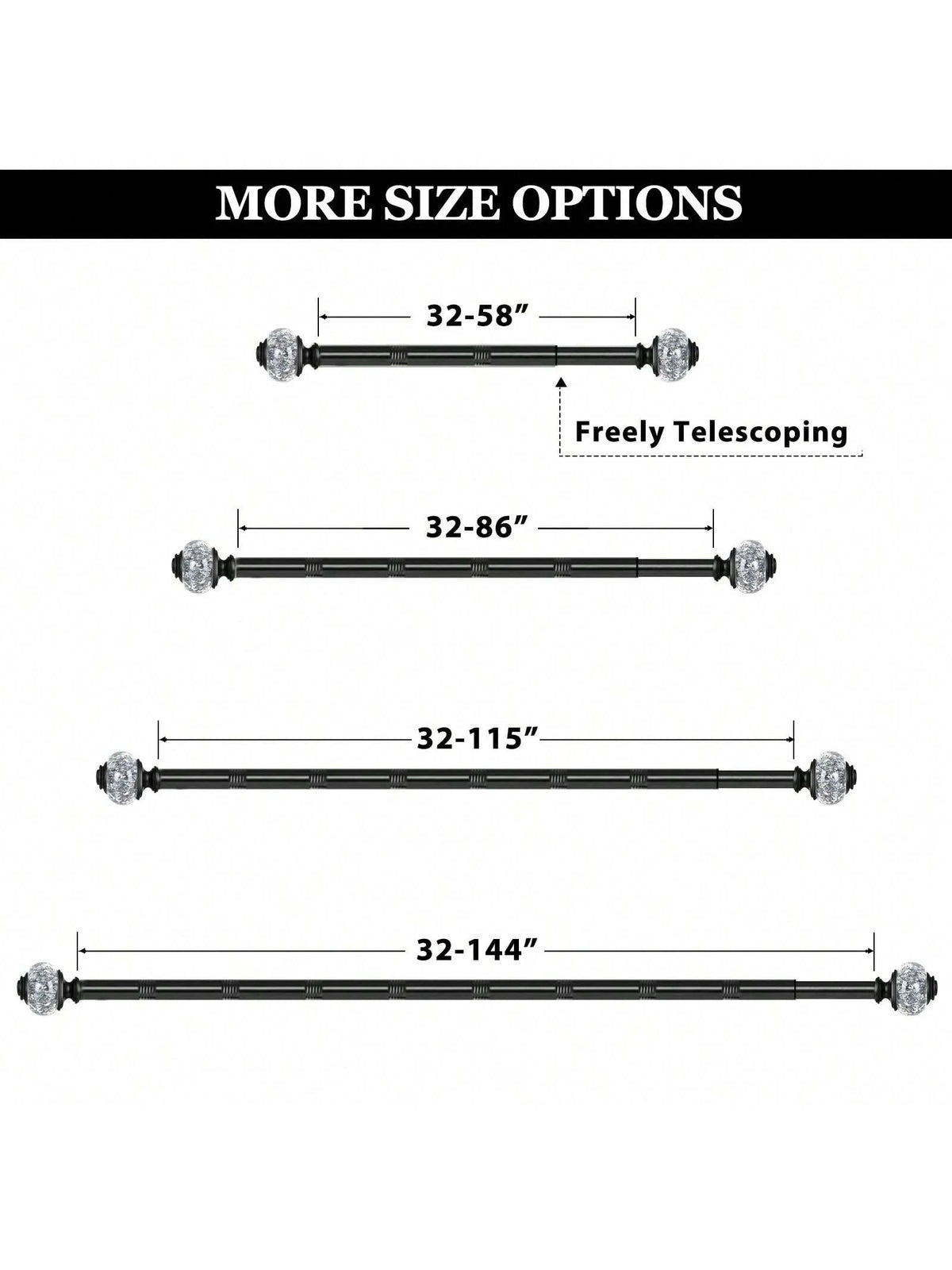 1pc Long Curtain Rods, Telescoping Splicing 1 Inch Curtain Rod For Windows, Bedroom, Drapery Rods With Decorative Translucent Finials, Black/Sliver/Gold