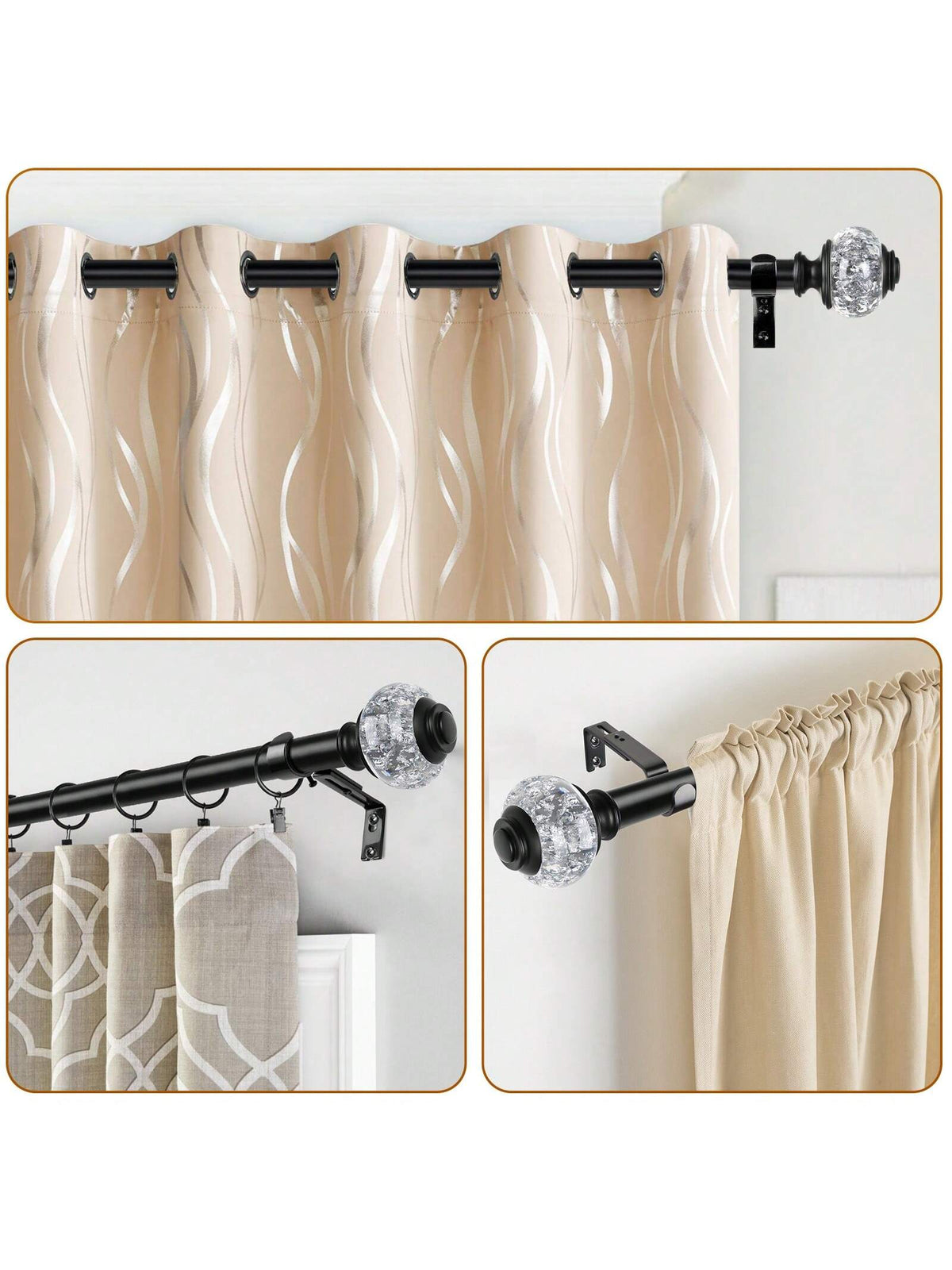 1pc Long Curtain Rods, Telescoping Splicing 1 Inch Curtain Rod For Windows, Bedroom, Drapery Rods With Decorative Translucent Finials, Black/Sliver/Gold