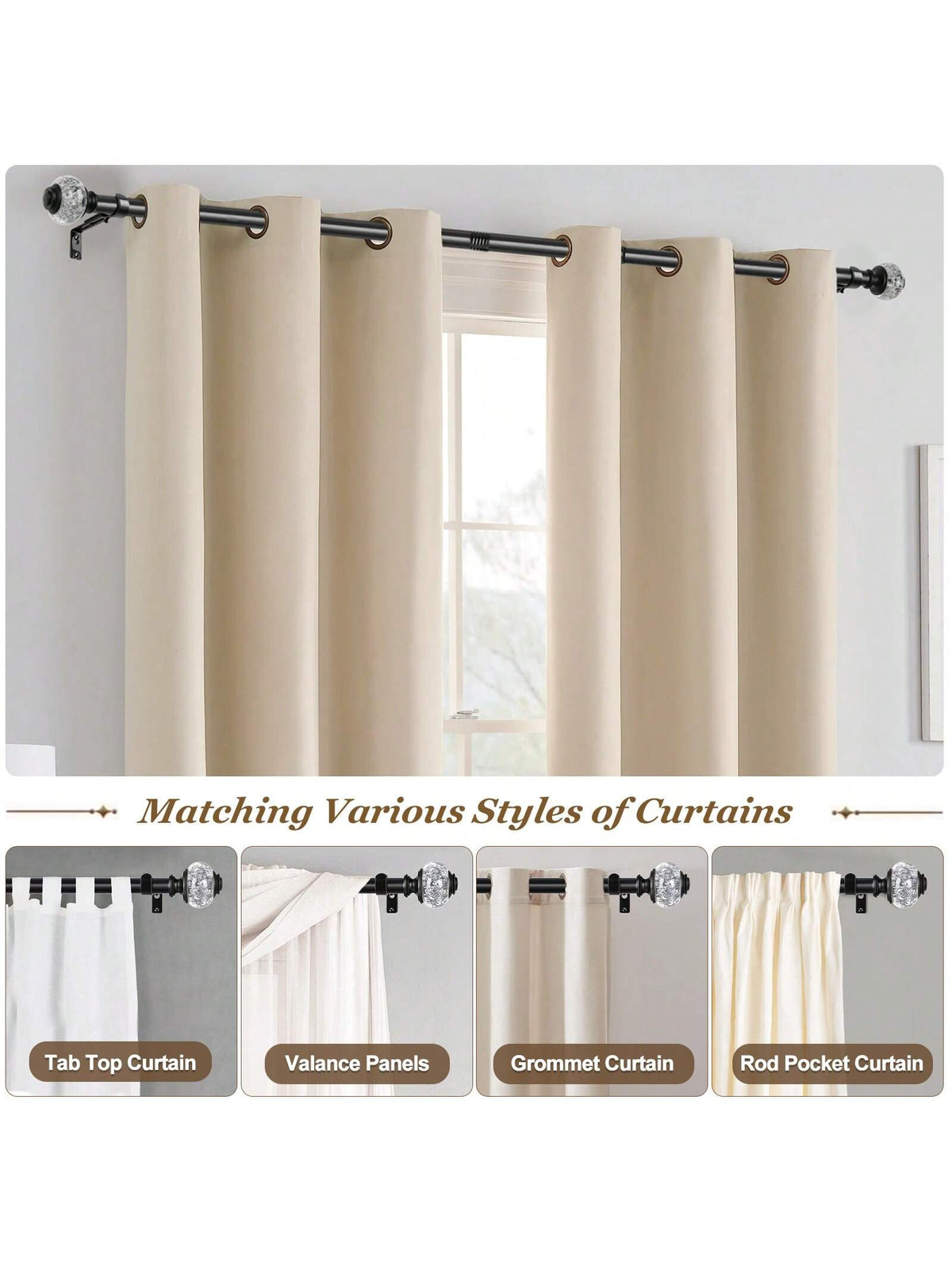 1pc Long Curtain Rods, Telescoping Splicing 1 Inch Curtain Rod For Windows, Bedroom, Drapery Rods With Decorative Translucent Finials, Black/Sliver/Gold