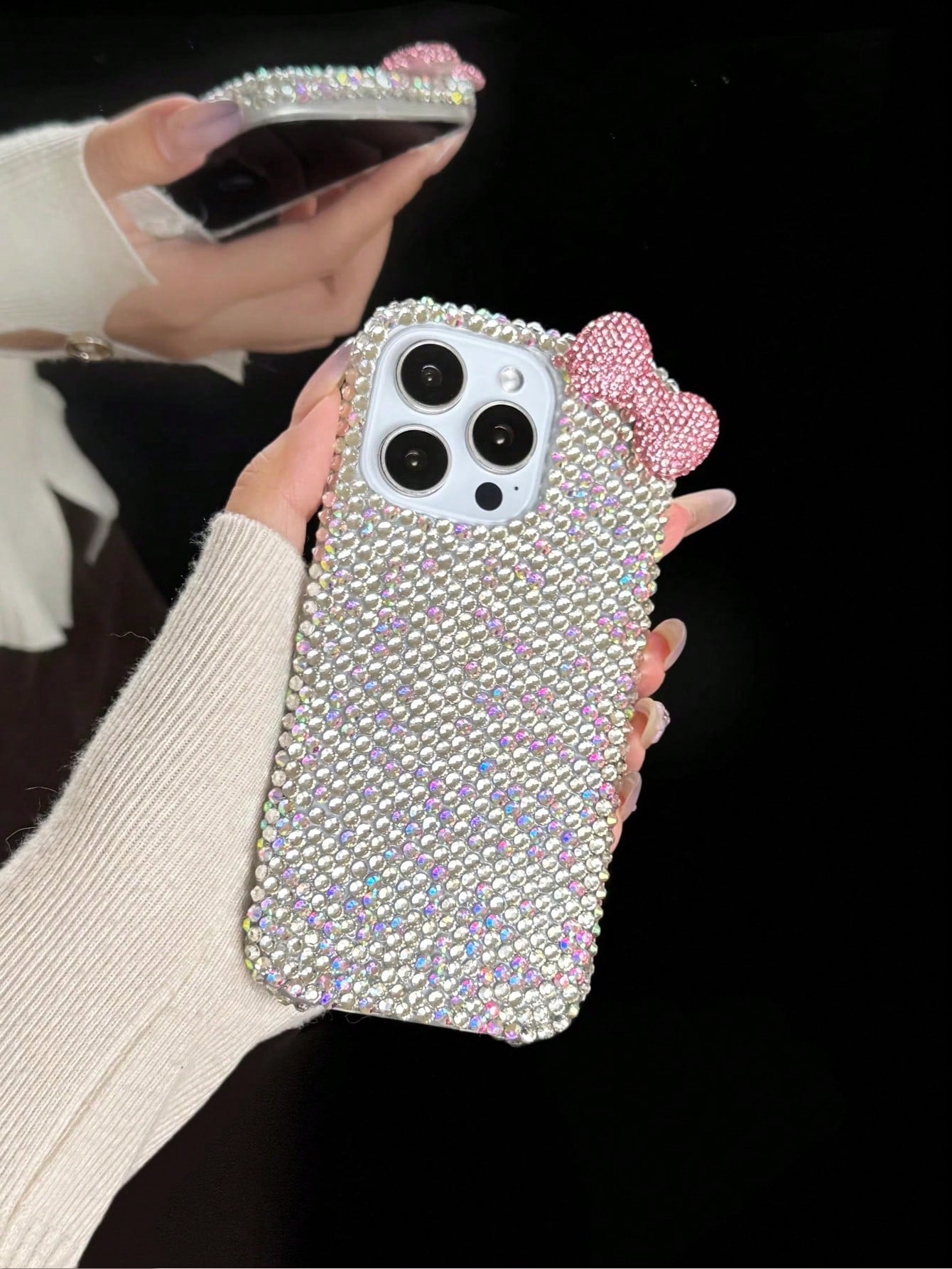 1pc Luxury Fashion Diamond Edge Rhinestone Bow Phone Case Suitable For IPhone17/IPhone17 Pro Max/IPhone16 Pro Max/IPhone15 Pro/IPhone14/IPhone13/12/11, Perfect As Valentine's Day Gift/Birthday Gift/Mo