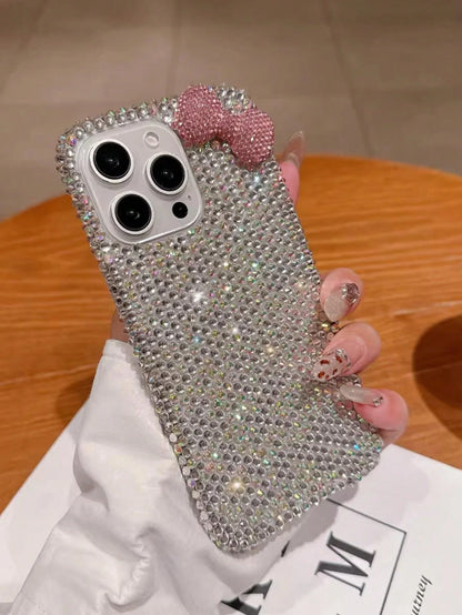 1pc Luxury Fashion Diamond Edge Rhinestone Bow Phone Case Suitable For IPhone17/IPhone17 Pro Max/IPhone16 Pro Max/IPhone15 Pro/IPhone14/IPhone13/12/11, Perfect As Valentine's Day Gift/Birthday Gift/Mo