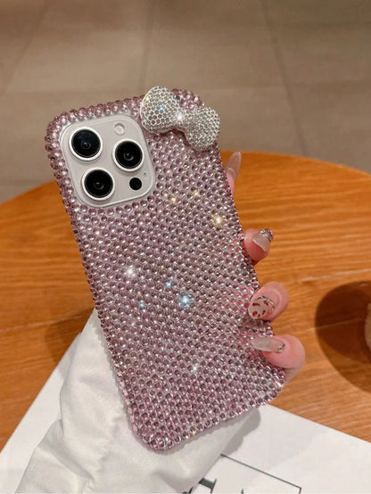 1pc Luxury Fashion Diamond Edge Rhinestone Bow Phone Case Suitable For IPhone17/IPhone17 Pro Max/IPhone16 Pro Max/IPhone15 Pro/IPhone14/IPhone13/12/11, Perfect As Valentine's Day Gift/Birthday Gift/Mo