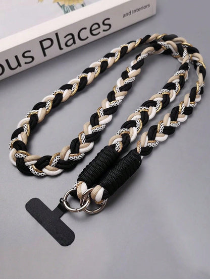 1pc Luxury Knitted Gold Metallic Wire Lanyard Crossbody Shoulder Strap Keychain Key Ring Braided Rope With Replacement Patch Accessory