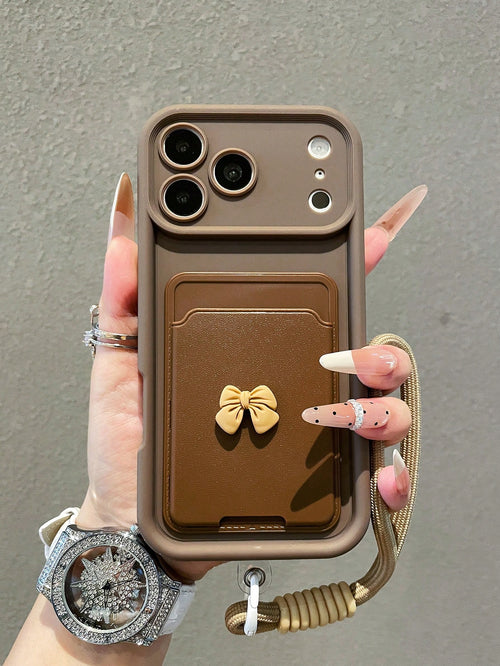 1pc Luxury Minimalist Bow Tie Card Holder Sandblasted Gradient Phone Case With Lanyard, Compatible With IPhone 17/17Pro/17Promax/16/16Pro/16Promax/15/15Pro/15Promax/14/13/12/11