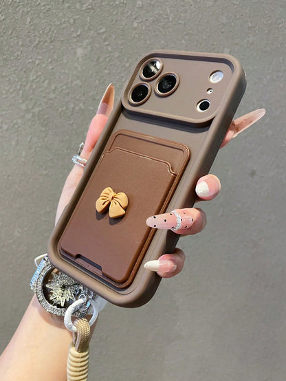 1pc Luxury Minimalist Bow Tie Card Holder Sandblasted Gradient Phone Case With Lanyard, Compatible With IPhone 17/17Pro/17Promax/16/16Pro/16Promax/15/15Pro/15Promax/14/13/12/11