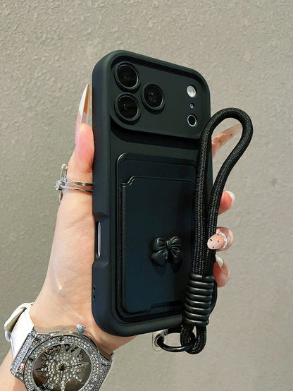 1pc Luxury Minimalist Bow Tie Card Holder Sandblasted Gradient Phone Case With Lanyard, Compatible With IPhone 17/17Pro/17Promax/16/16Pro/16Promax/15/15Pro/15Promax/14/13/12/11