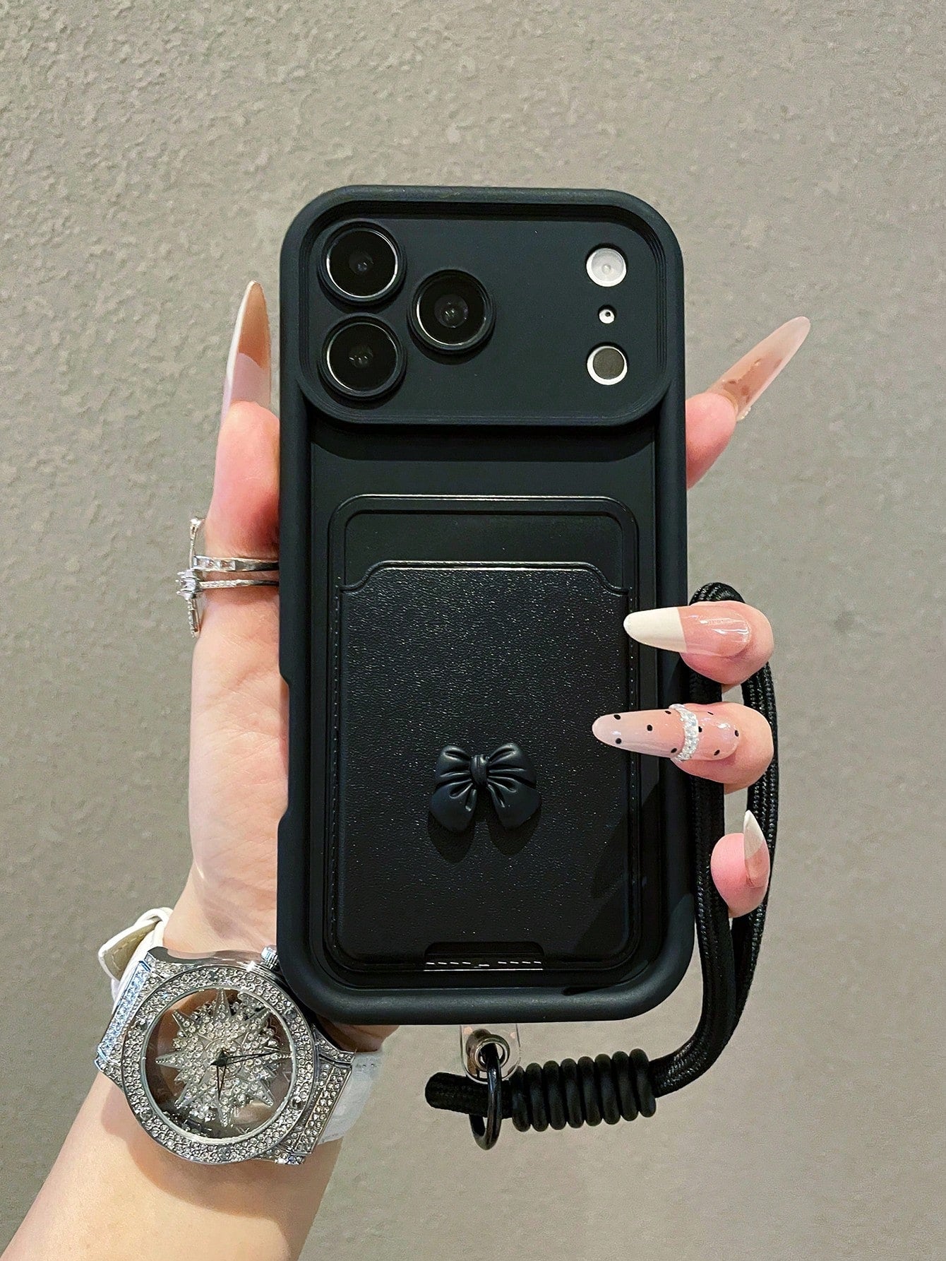 1pc Luxury Minimalist Bow Tie Card Holder Sandblasted Gradient Phone Case With Lanyard, Compatible With IPhone 17/17Pro/17Promax/16/16Pro/16Promax/15/15Pro/15Promax/14/13/12/11