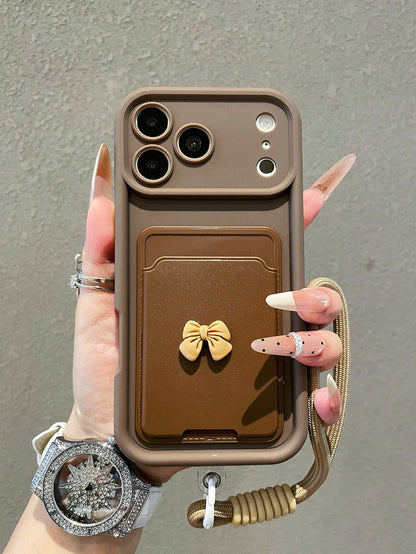 1pc Luxury Minimalist Bow Tie Card Holder Sandblasted Gradient Phone Case With Lanyard, Compatible With IPhone 17/17Pro/17Promax/16/16Pro/16Promax/15/15Pro/15Promax/14/13/12/11