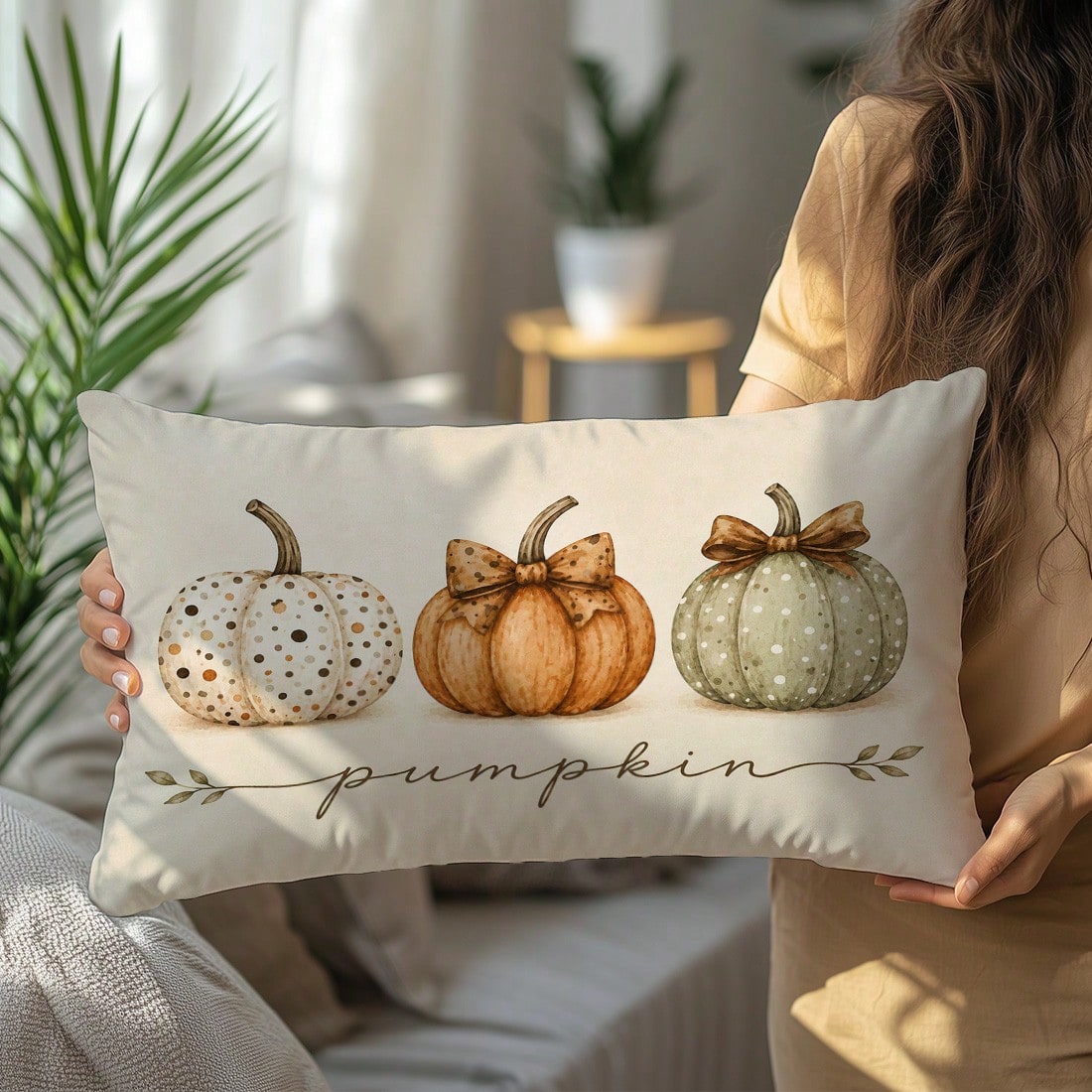 1pc Minimalist Autumn 3 Pumpkins Cushion Cover, Single-Sided Printed Peach Skin Velvet Material, 30*50/40*60CM Pillowcase Suitable For Modern Minimalist Sofa Living Room Decor, Party Decoration, Gift
