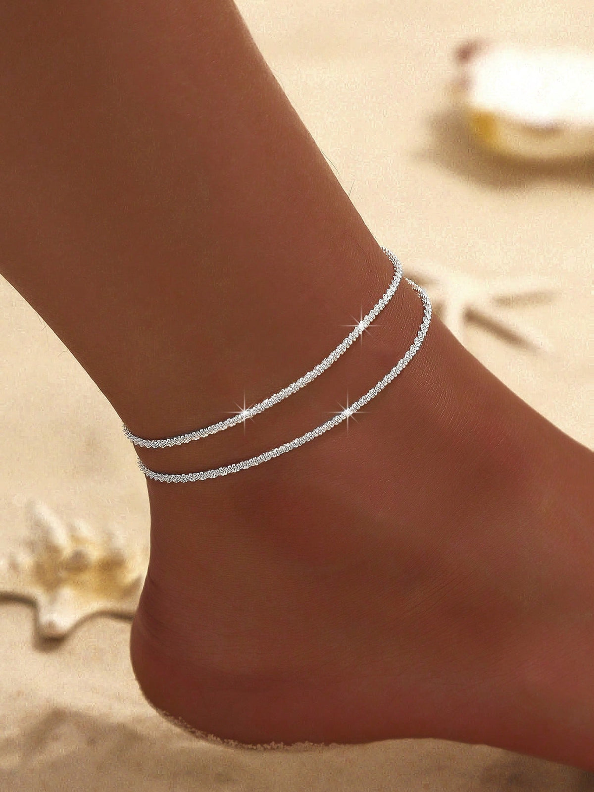 1pc Minimalist Charm Bead Chain Silver Anklet, Women's Travel & Holiday Accessory, Suitable For Couples