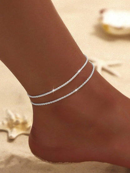 1pc Minimalist Charm Bead Chain Silver Anklet, Women's Travel & Holiday Accessory, Suitable For Couples