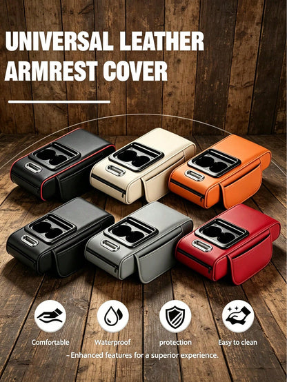 1PC Multifunctional Car Armrest Organizer, 13.39*8.27*3.15in PU Leather Center Console Storage Box With USB Charger & Cup Holder, Universal Car Armrest Cover Cushion In Black/Beige/Gray/Orange/Red