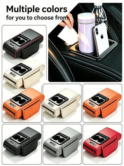 1PC Multifunctional Car Armrest Organizer, 13.39*8.27*3.15in PU Leather Center Console Storage Box With USB Charger & Cup Holder, Universal Car Armrest Cover Cushion In Black/Beige/Gray/Orange/Red