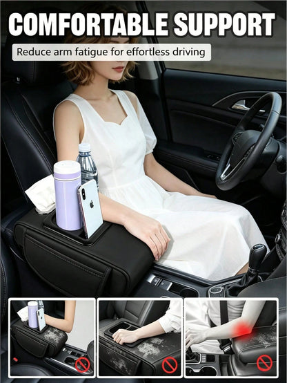 1PC Multifunctional Car Armrest Organizer, 13.39*8.27*3.15in PU Leather Center Console Storage Box With USB Charger & Cup Holder, Universal Car Armrest Cover Cushion In Black/Beige/Gray/Orange/Red