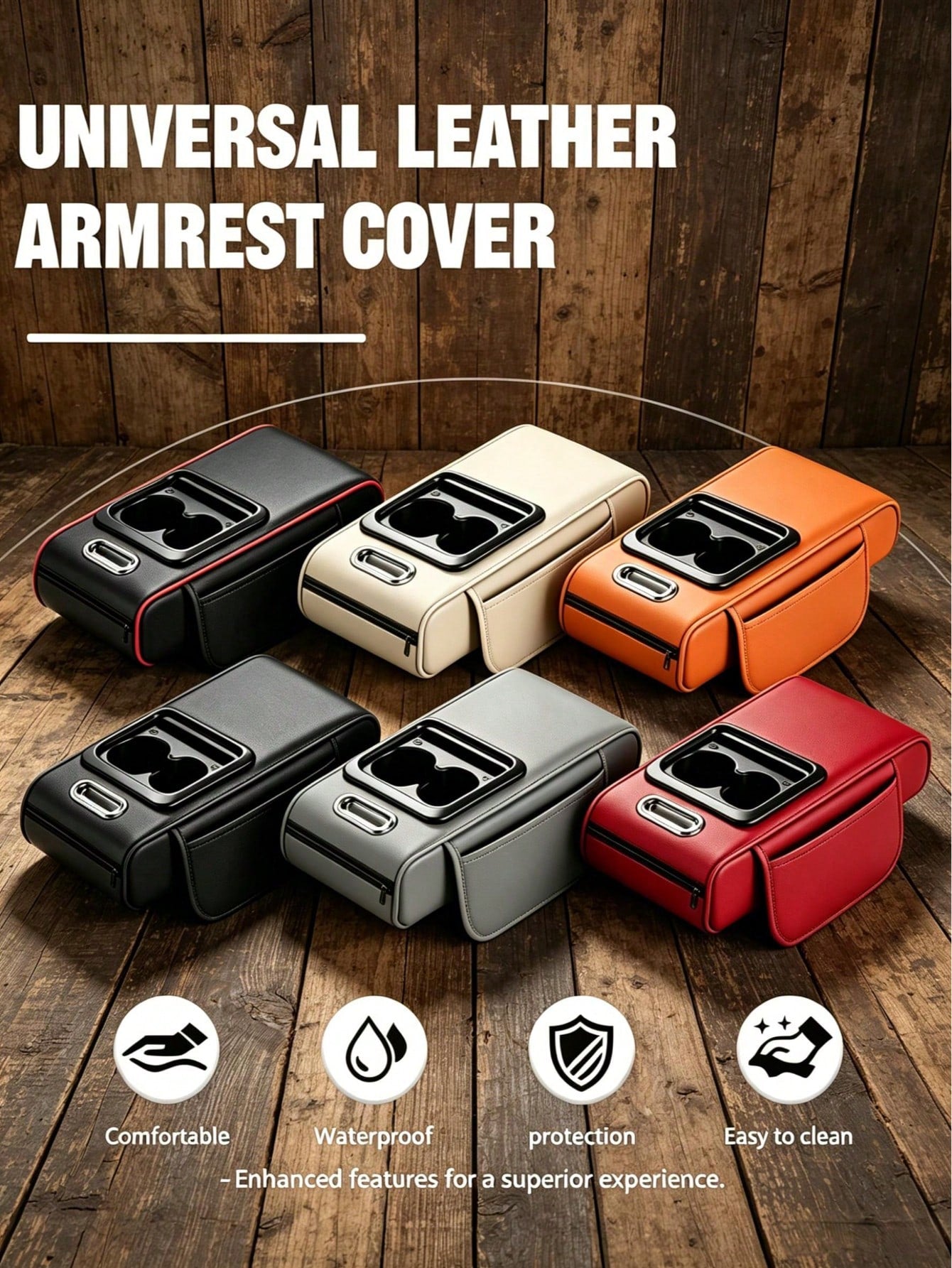 1PC Multifunctional Car Armrest Organizer, 13.39*8.27*3.15in PU Leather Center Console Storage Box With USB Charger & Cup Holder, Universal Car Armrest Cover Cushion In Black/Beige/Gray/Orange/Red