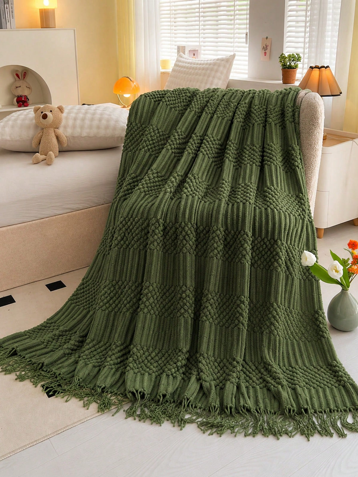 1pc Mustard Yellow Knitted Throw Blanket With Tassels, Soft Cozy Textured Woven Fringe Blanket For Couch Sofa Bed, All Season Decorative Warm Knit Blanket