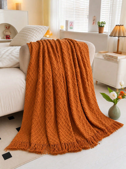 1pc Mustard Yellow Knitted Throw Blanket With Tassels, Soft Cozy Textured Woven Fringe Blanket For Couch Sofa Bed, All Season Decorative Warm Knit Blanket