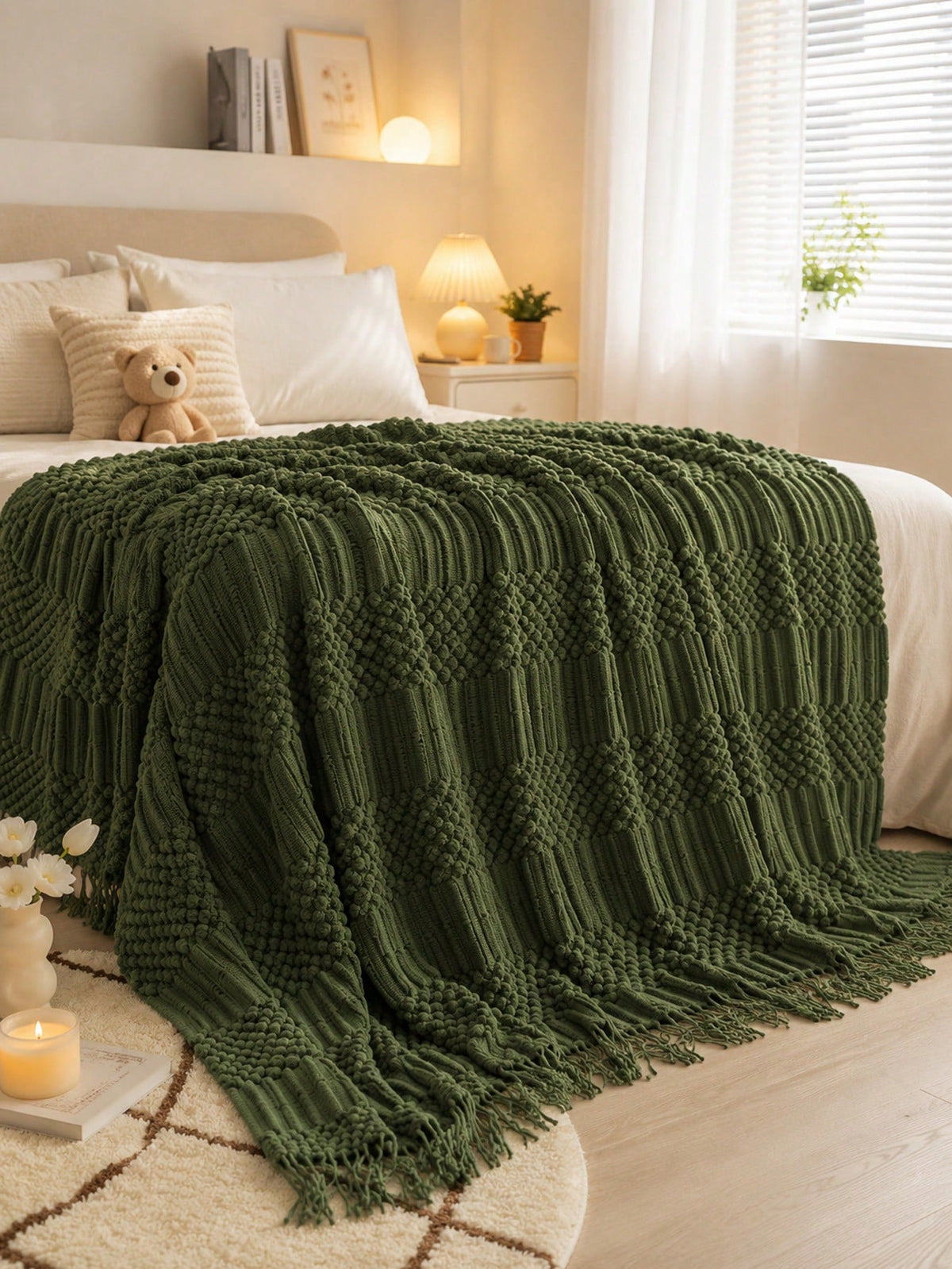1pc Mustard Yellow Knitted Throw Blanket With Tassels, Soft Cozy Textured Woven Fringe Blanket For Couch Sofa Bed, All Season Decorative Warm Knit Blanket