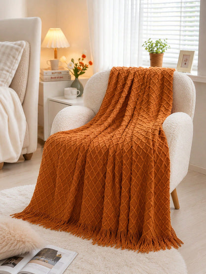 1pc Mustard Yellow Knitted Throw Blanket With Tassels, Soft Cozy Textured Woven Fringe Blanket For Couch Sofa Bed, All Season Decorative Warm Knit Blanket