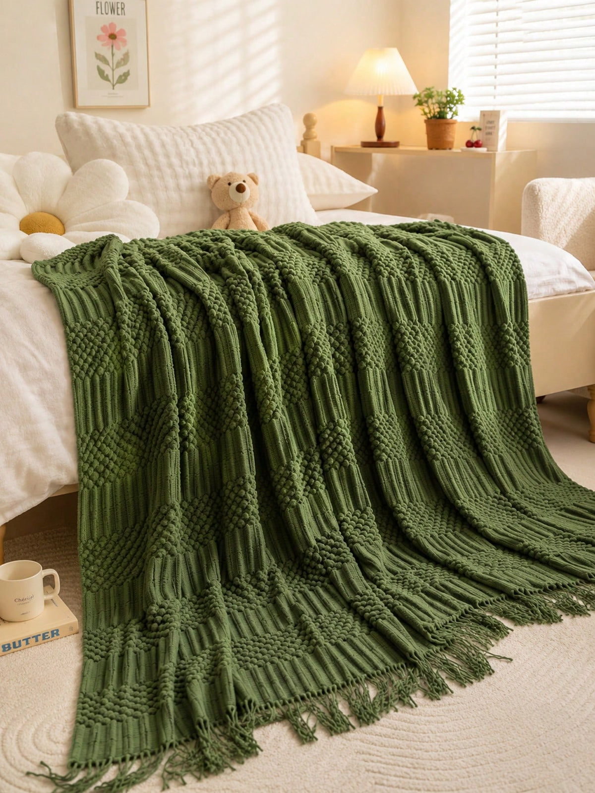1pc Mustard Yellow Knitted Throw Blanket With Tassels, Soft Cozy Textured Woven Fringe Blanket For Couch Sofa Bed, All Season Decorative Warm Knit Blanket
